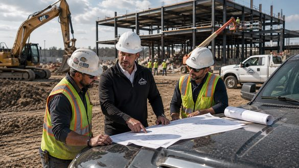 Construction business owner reviewing plans with crew on-site